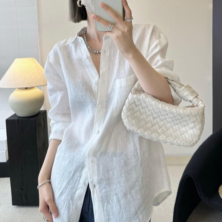 영메이 YM23365 여성 넥카라 린넨 셔츠 블라우스 여름 바캉스 휴가지 빅사이즈 9부 여름남방