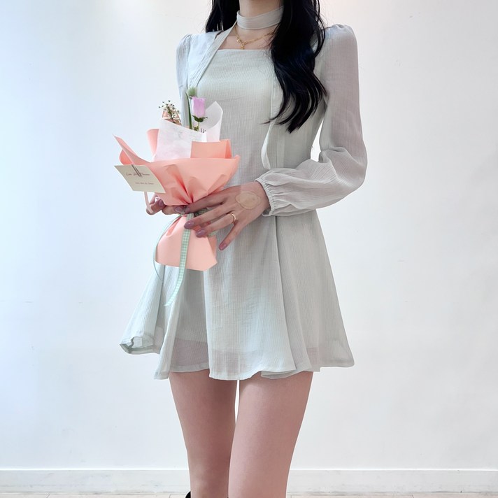 투디 스퀘어넥 퍼프 쉬폰 타이 플레어 미니 원피스, 4컬러