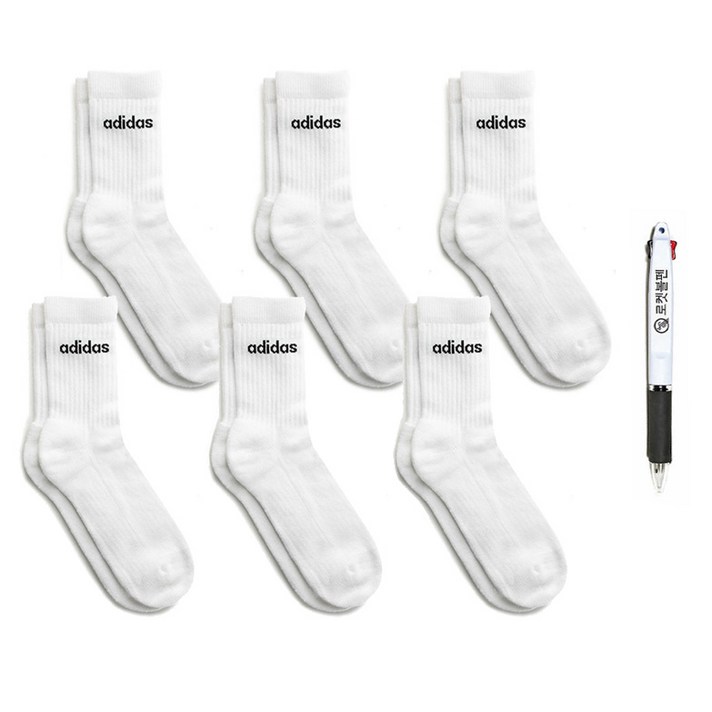 아디다스 CREW 고급 면 화이트 양말 6켤레 + 볼펜