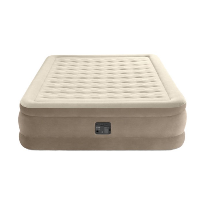 Intex Ultra Plush Fiber-Tech 18 인치 하이 퀸 에어 베드 엘라 베이 티드 에어 매트리스 내장 펌프 및 플록 탑 탄, 단일옵션