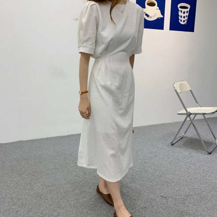 린넨 반팔 롱 원피스 백 리본 러블리 퍼프 소매 여름