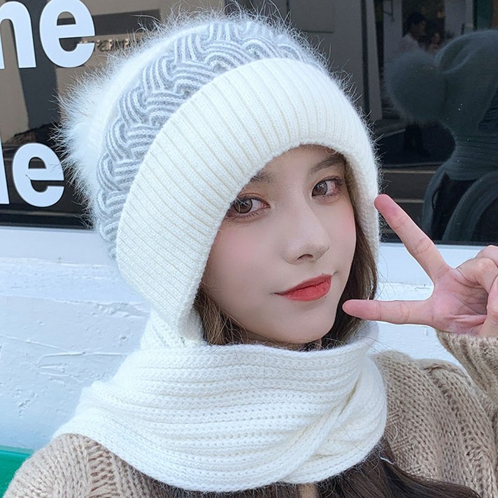 [사은품증정] 랄라닷 여성 겨울 모자 방울 털모자 목도리 세트 방울 모자 니트 벙거지