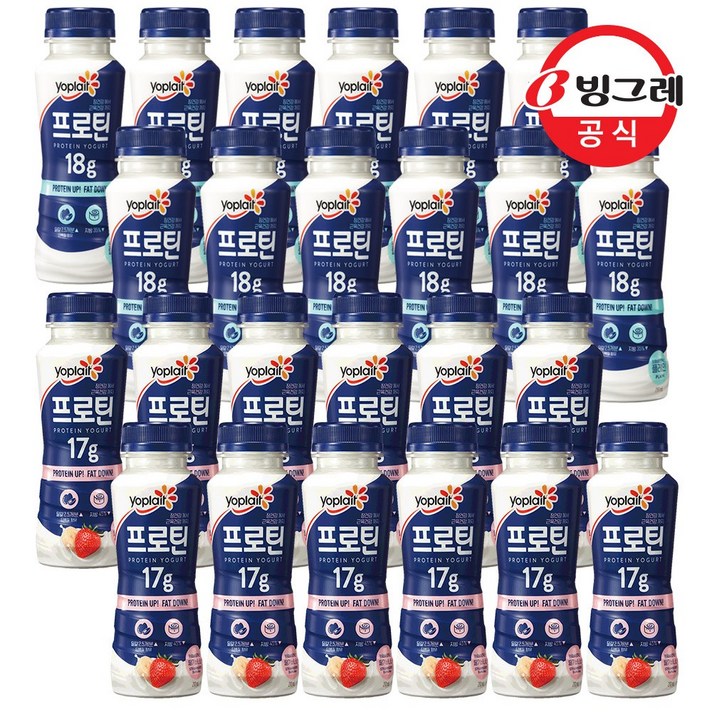[빙그레]요플레 프로틴 드링크 210g x 24개 /단백질/유산균, 요플레 프로틴 드링크 플레인12개+딸기바나나12개