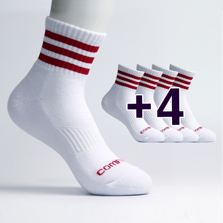 컴프로 여성 스포츠 중목 쿠션 기능성 양말 5족세트, 흰색-빨강 5개