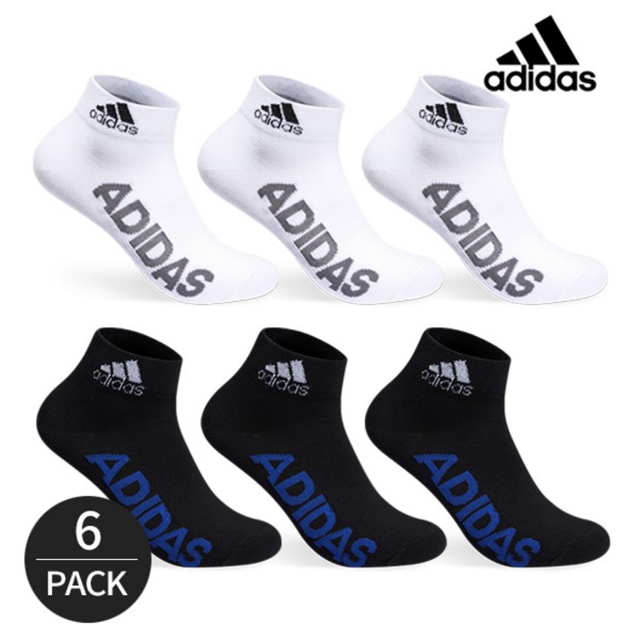 아디다스 골프 남성용 퍼포먼스 사이드 빅로고 발목양말 6P, FREE, 화이트, 블랙