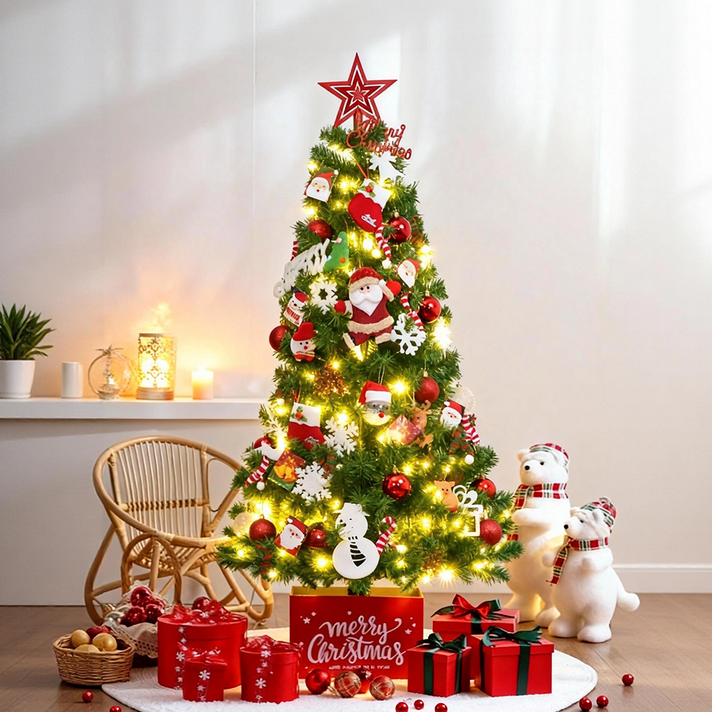 YGGDRAVA 크리스마스 트리 장식 풀세트 LED 전구오너먼트트리 탑별트리스커트, 레드 1.2m