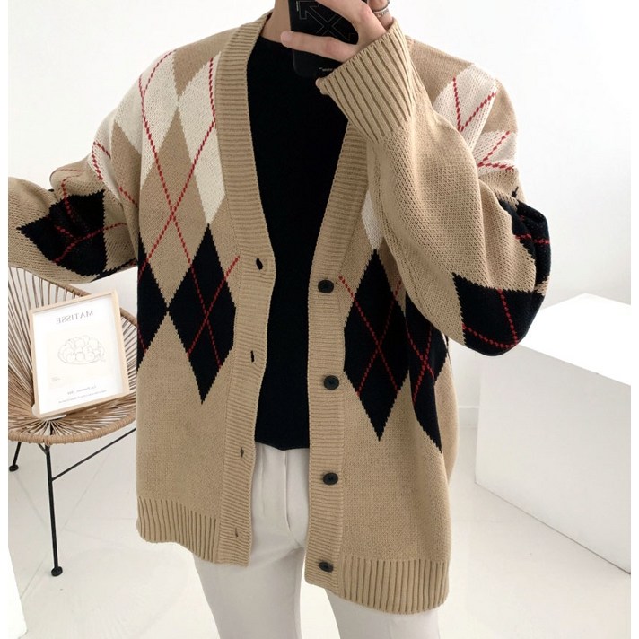 두께감 좋은 이중지 가을겨울 사각 아가일 패턴 니트 가디건(4color)