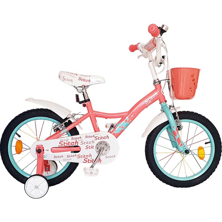 쌀집자전거 옐로우콘 어린이 스티치 네발 보조바퀴 자전거, 핑크, 126cm