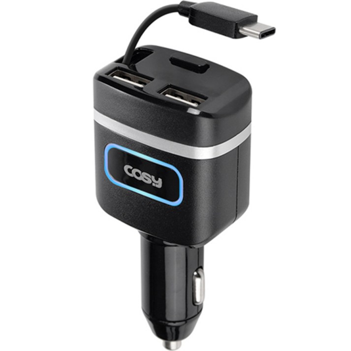시거잭 코시 QC3.0 USB 2포트 차량용 자동감김 급속 충전기 타입C, CGR3247AT, 블랙