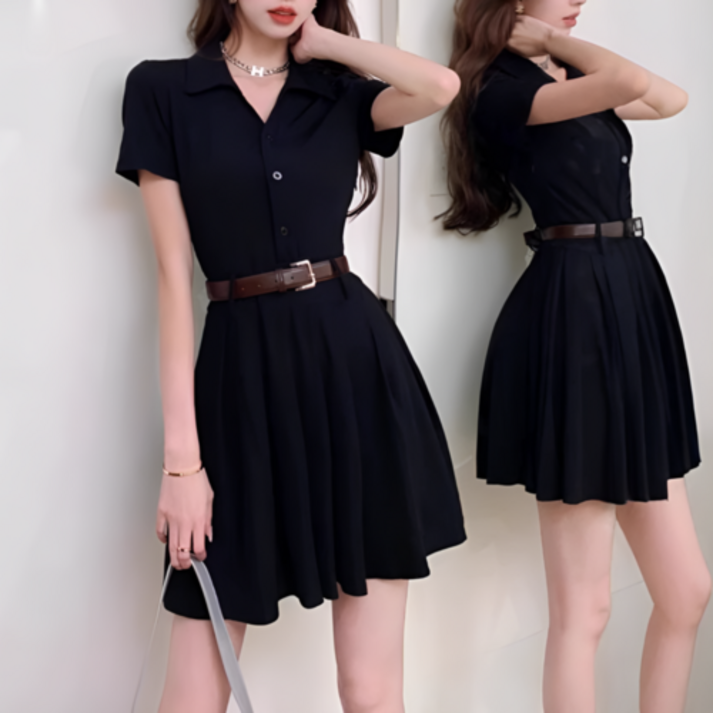 리얼제이드 여성 반팔 벨트 셔츠 미니 원피스