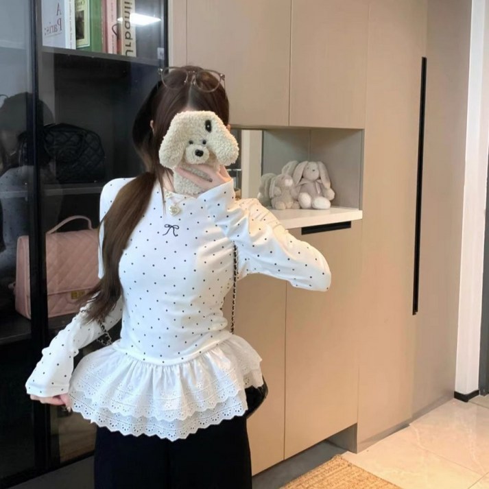 해피유통여성 가을겨울 도트 프릴 긴팔 티셔츠 레이스 장식 탑XG03
