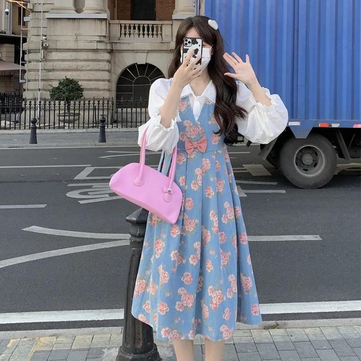 프렌치 소프트 스위트 플라워 멜빵 원피스+넥 상의