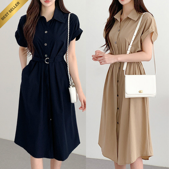 산들라 롱 플레어 반팔 셔츠원피스 벨트 포켓 롤업소매 하객룩