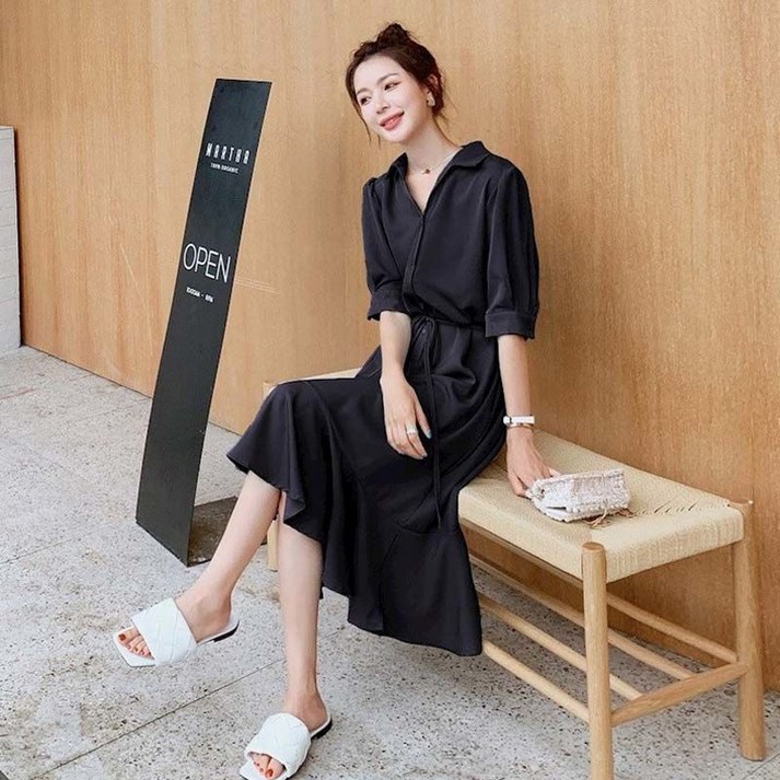비아이와이 여성 여름 심플 브이넥 솔리드 반팔 원피스 DH633