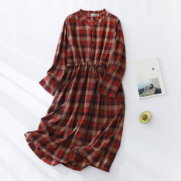 ORZQU 여성 가을 긴팔 벨트 루즈핏 체크 셔츠 원피스