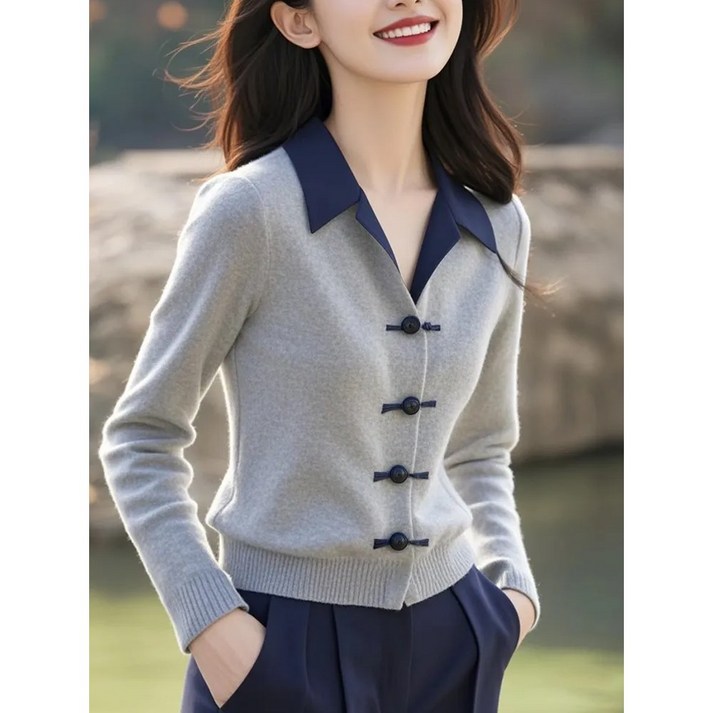 YG-1723 배색 카라넥 니트 가디건