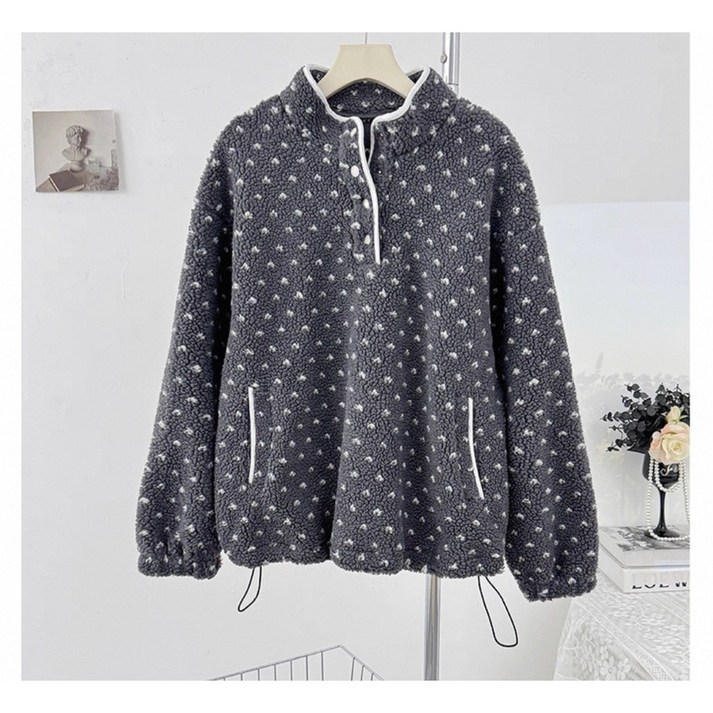 [퀸올데이]양털 도트 땡땡이 무늬 후리스 루즈핏 점퍼 맨투맨 가을 겨울