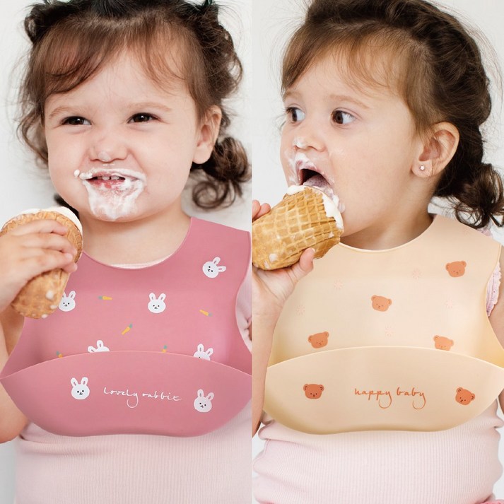 원더파파 유아용 실리콘 방수 턱받이 2종 세트, 베이지 곰돌이  핑크 레빗, 1세트, 1개입