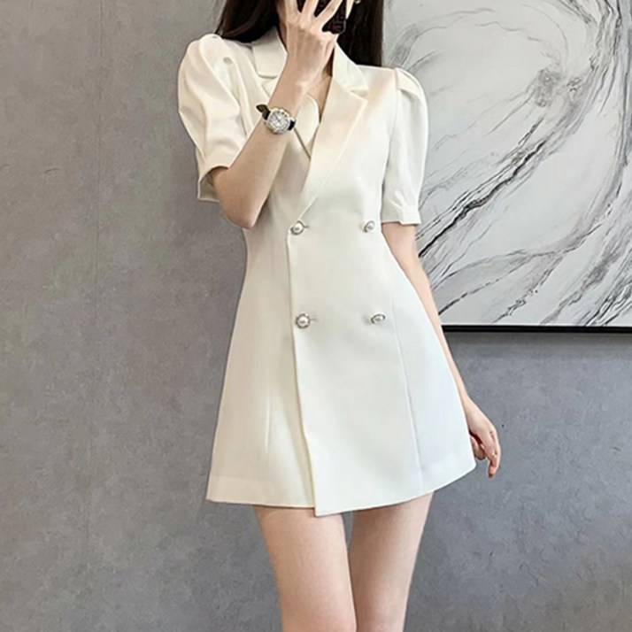 비비에모 캐주얼 더블카라넥 퍼프소매 버튼 정장 미니 원피스 01259 빅사이즈 포함