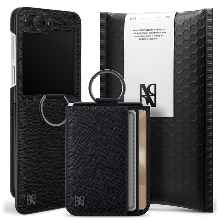 어썸디자인 오블리크 힌지 보호 수제 가죽 카드 지갑 휴대폰 케이스 + 링 세트