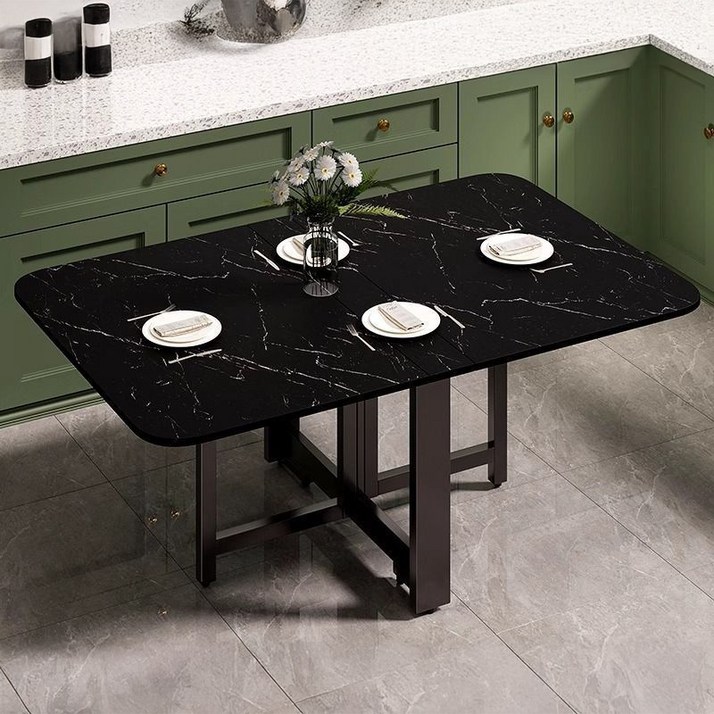 오아루 접이식 확장형 주방 식탁 테이블, 4인용, 마블 블랙+블랙 프레임