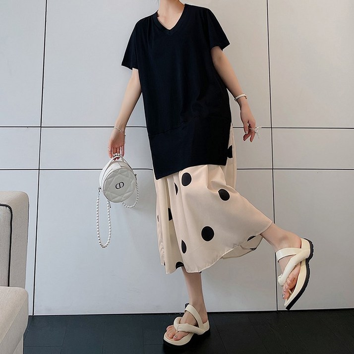 COMIRST 여성 빅사이즈 페이크 레이어드 V넥 반팔 롱 원피스