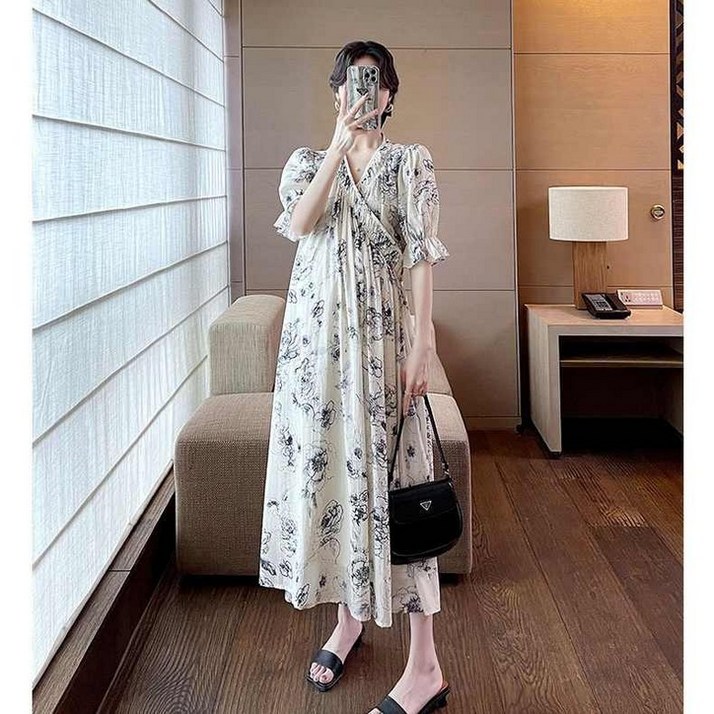 버튼 여름 브이넥 린넨 롱 루즈핏 원피스