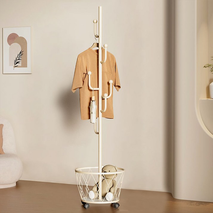KURUA 이동식 철제 스탠드 옷걸이 행거, 화이트+바스켓