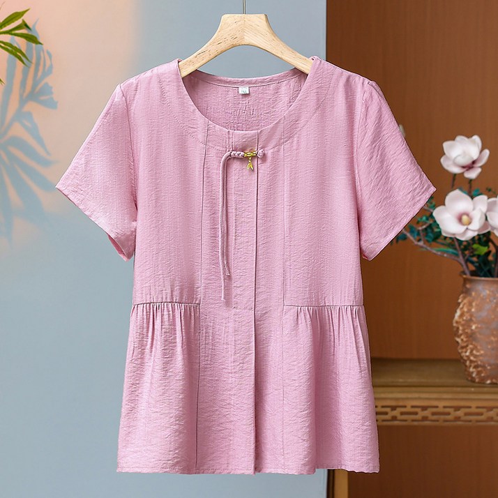 AOKADA 중년 여성 반팔 티셔츠 라운드 루즈핏 플레어 반팔 셔츠 남방