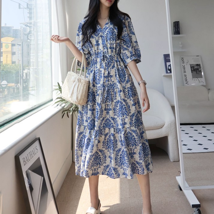 메리앤유 보태닉나염 볼륨있는 플레어라인 반팔원피스 메리앤유 보태닉나염 볼륨있는 플레어라인 반팔원피스