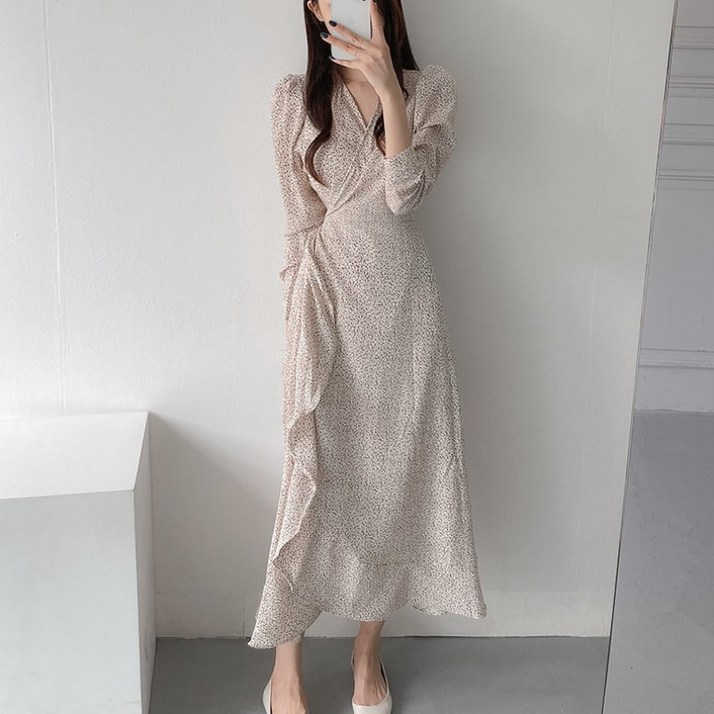 SAHINER 봄가을 부드럽다 고급감 감미롭다 기질 잔꽃 롱원피스 AQZ10