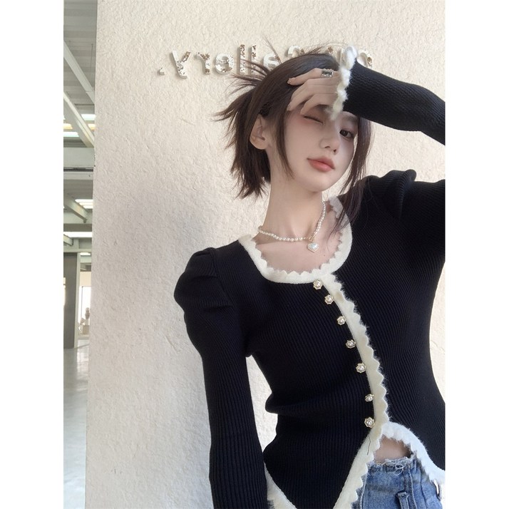 버터소다 제논 배색 니트 가디건