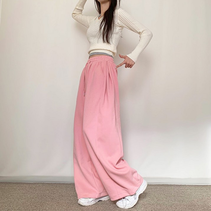 파쿠 여름 버전 입고 사이드 핀턱 와이드 롱 팬츠 밴딩 트레이닝 밑단스트링