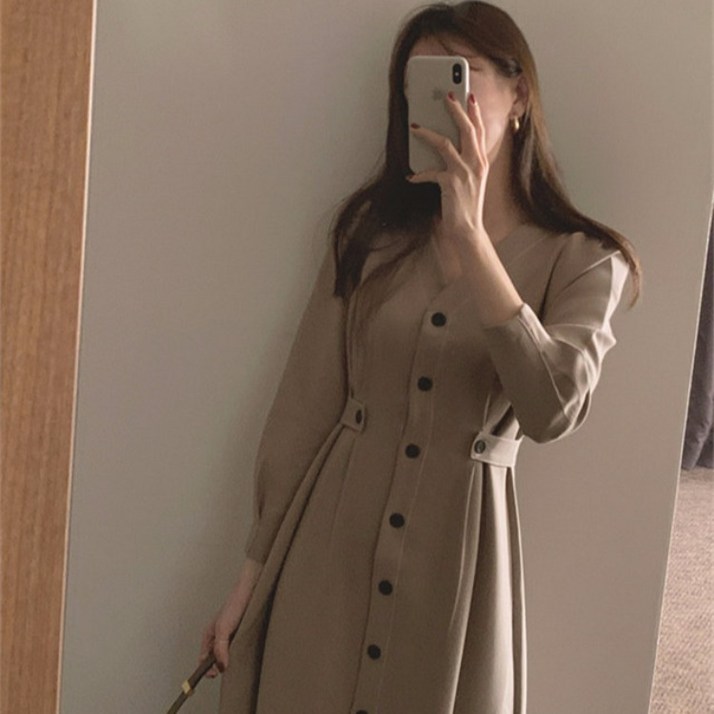ANYOU 원피스 봄가을 원피스 기질화명선 V넥 긴팔이 허리 긴팔을 슬리브 슬림핏 긴팔을 수 있다 ANYOU 원피스 봄가을 원피스 기질화명선 V넥 긴팔이 허리 긴팔을 슬리브 슬림핏 긴팔을 수 있다