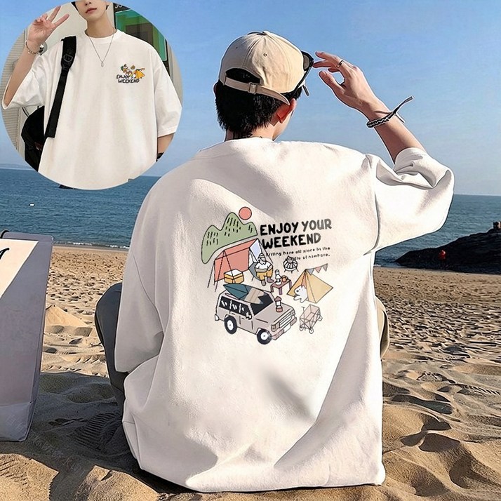FONOW 반팔면티 순면 100 남성 루즈핏 반팔티셔츠 빅사이즈 패션 여성티셔츠  편안한 통기 여름 라운지웨어 라운드티셔츠 야외 캠핑 프린팅 디자인 빅사이즈여성쇼핑몰