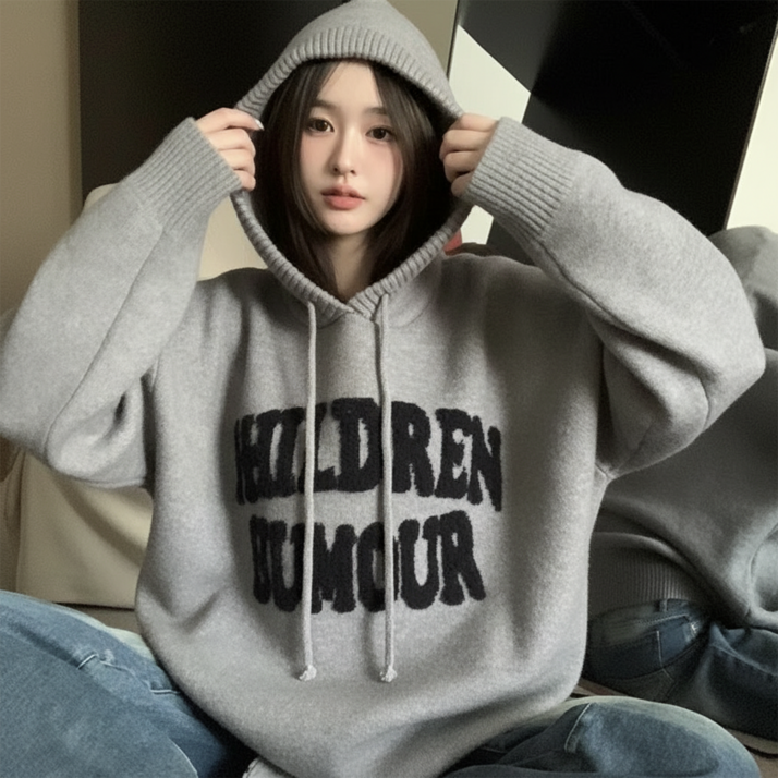 Clevoria 여성 루즈핏 후드 니트 티셔츠 봄가을 데일리 풀오버 스웨터