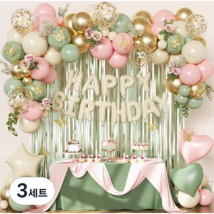 모아룸 풍선 파티 생일 이벤트 장식 풍선구름 세트, 3세트, 그린핑크 풍선 세트