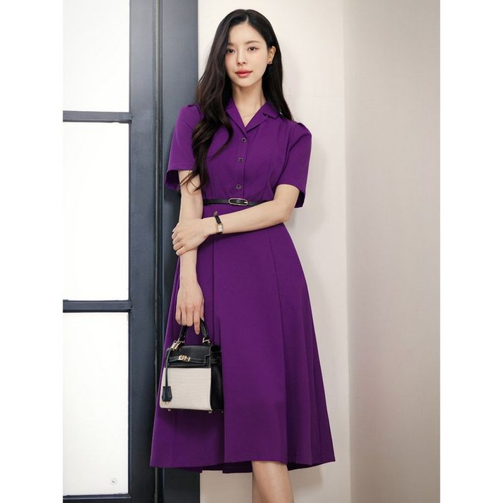 시크라인   XXL까지  테일러드 카라 핀턱 슬리브 플레어 버클 벨트 반팔 원피스 여름 하객룩 오피스룩 데이트 모임 미시 빅사이즈