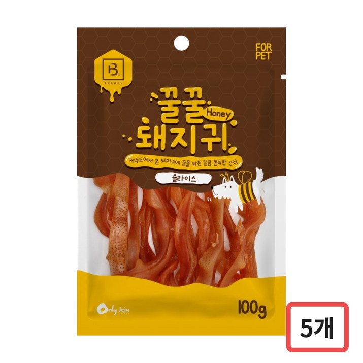 브리더랩 쫀득쫀득 꿀꿀 돼지귀 제주도 돼지귀 슬라이스, 5개, 100g