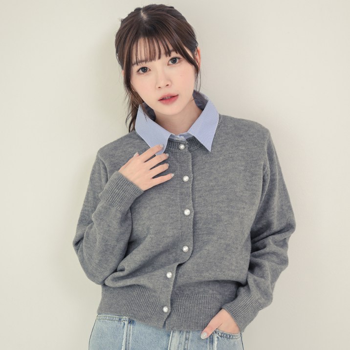 세컨핑크 여성용 페이크 셔츠 카라 레이어드 니트 가디건