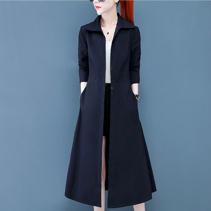 ROYALBELLE 여성 중장기 코튼 폴리에스터 심플한 스타일 버튼 A라인 트렌치 코트 봄 가을 A0122802