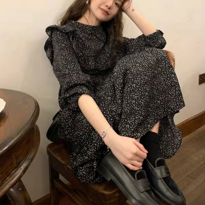 COSYEVNO 봄가을 빈티지 긴팔 플라워 원피스 날씬해 보이는 롱스커트