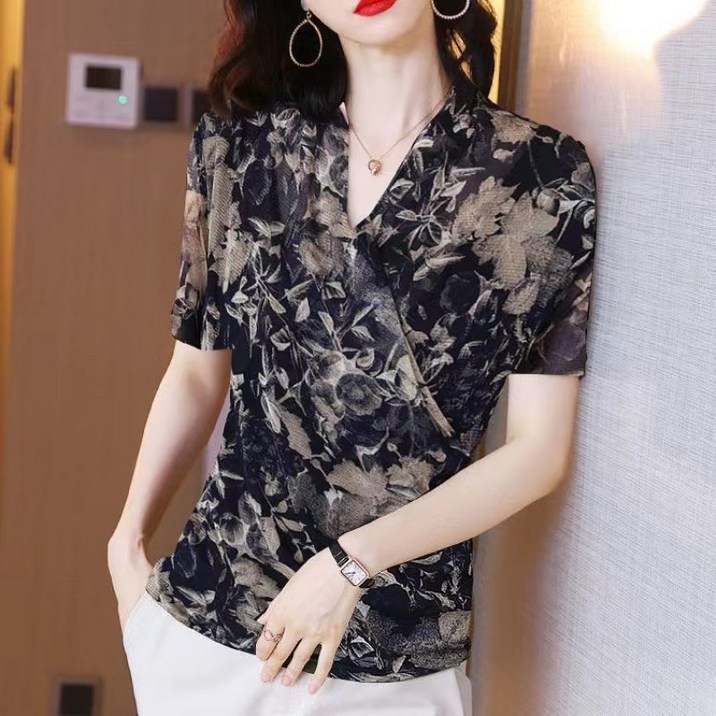 여성의 우아함 강조 브이넥 랩 쉬폰 블라우스 미시 스타일 긴팔 반팔 버전