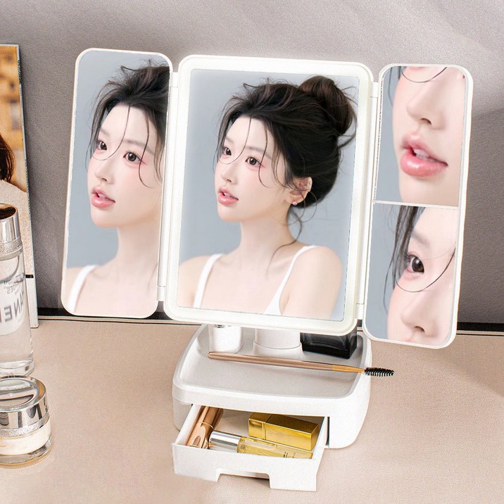 슈퍼인 무선 탁상거울 접이식 조명 화장거울 수납함 3색광 조절가능, 화이트