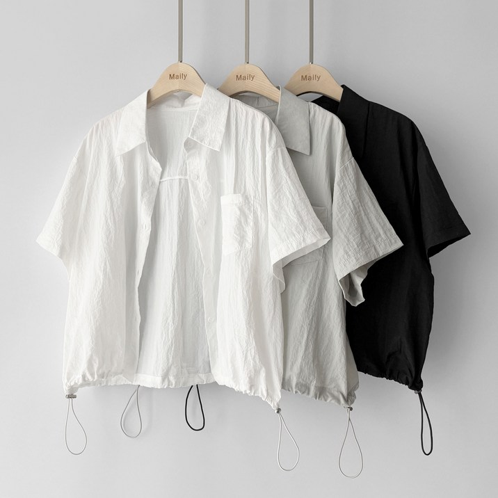 메일리 쿨 여름 바스락 스트링 오버핏 레인 여자 여성 숏 반팔 셔츠 남방 자켓 블라우스