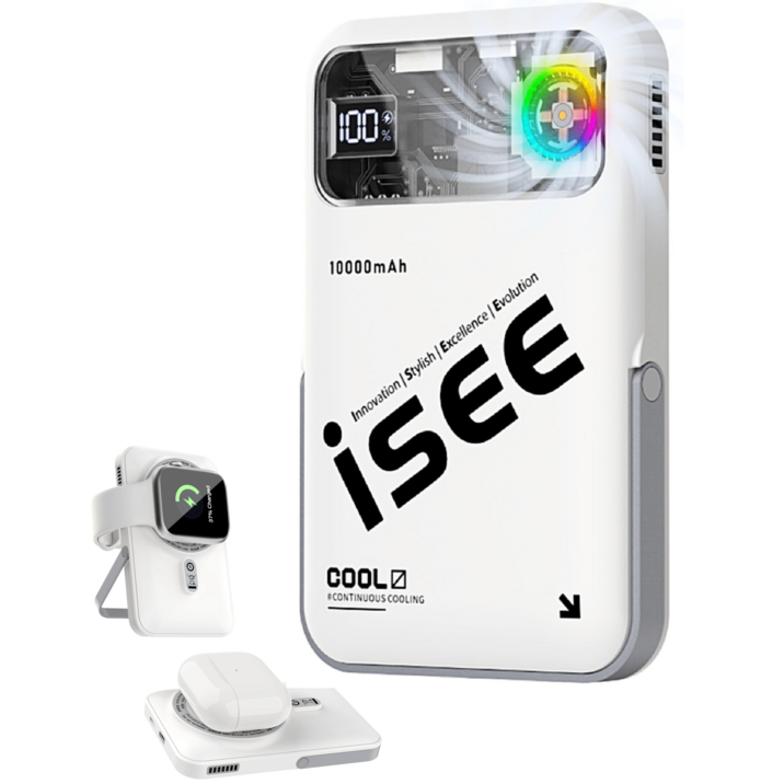 isee 아이시10000mAh 쿨링 맥세이프 터보 냉각팬 거치대 무선고속충전 3in1리튬 폴리머 보조배터리, 화이트