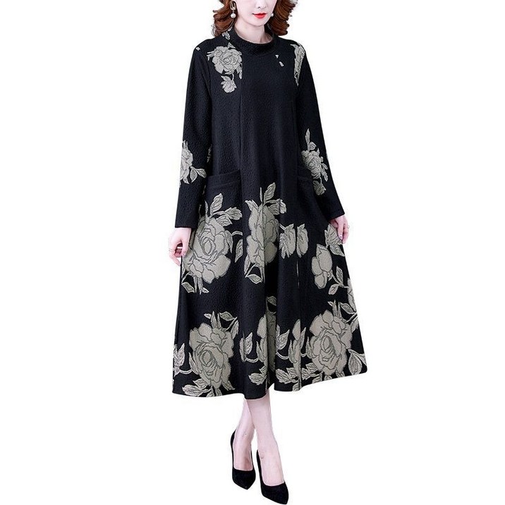 중년 여성 긴팔 원피스 고급스러운 루즈핏 엄마 원피스 기질 하객룩 플라워 롱 원피스 CY
