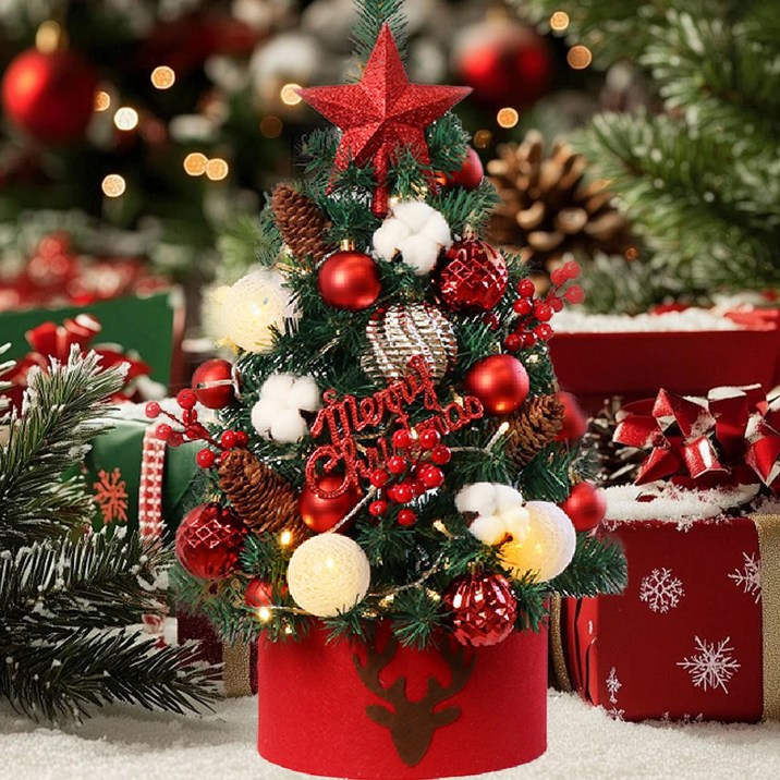 고품질 미니 크리스마스 세트 + LED 조명, 다양한 정교한 액세서리와 받침대 포함, 와인 레드와 샴페인 골드 컬러, 진한 크리스마스 분위기(트리 본체는 모두 녹색), 0.8m, 레드와인 풀세트