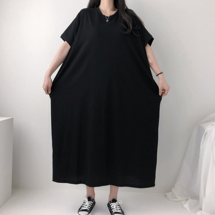 엘케이엘 왕박시 4XL 국산 빅사이즈 오버핏 가오리 포켓 반팔 면 롱 원피스