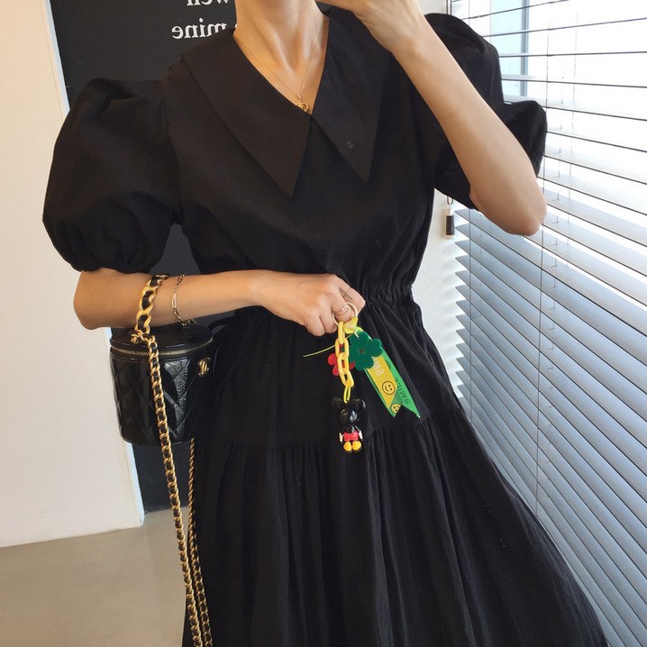 로렌 브이넥 카라 허리줄임끈 벌룬 퍼프 바스락 A라인 여름 롱 반팔 원피스 3color